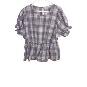 Liberty Love Lightweight Plaid Lavender Peplum Boxy Bohemian Blouse XL